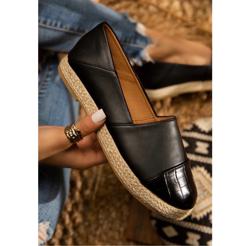 Black Espadrille Trim Dressy Slip On